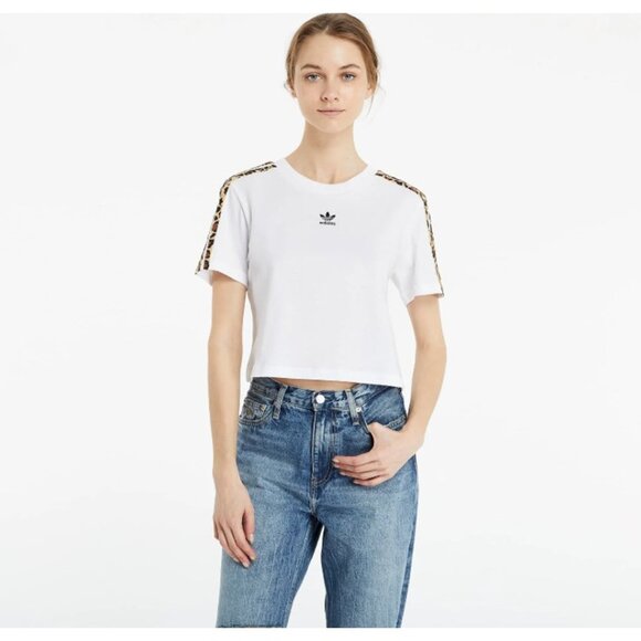 adidas Originals Shirt Womens Medium White Cropped Tee Leopard 3-Stripes HB4754 - Picture 1 of 4